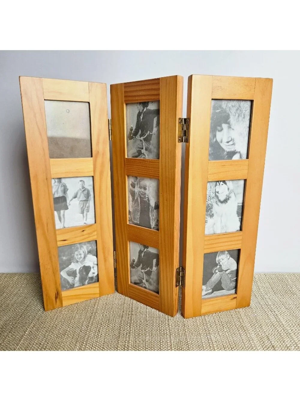 Picture Frame Screen Tri Fold Wooden Photo Holds 9 Photos 2x3 Maple